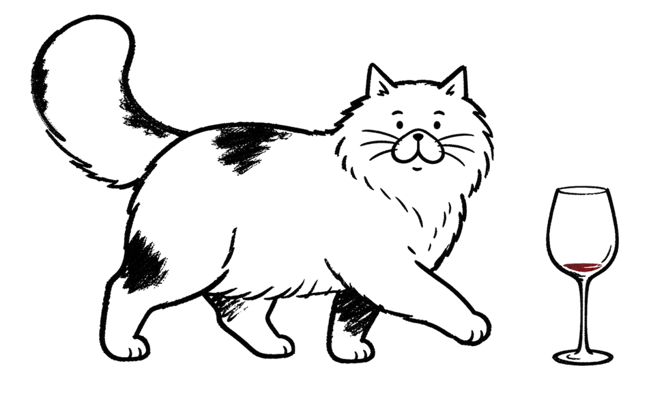 Illustration of a fluffy cat beside a glass of red wine